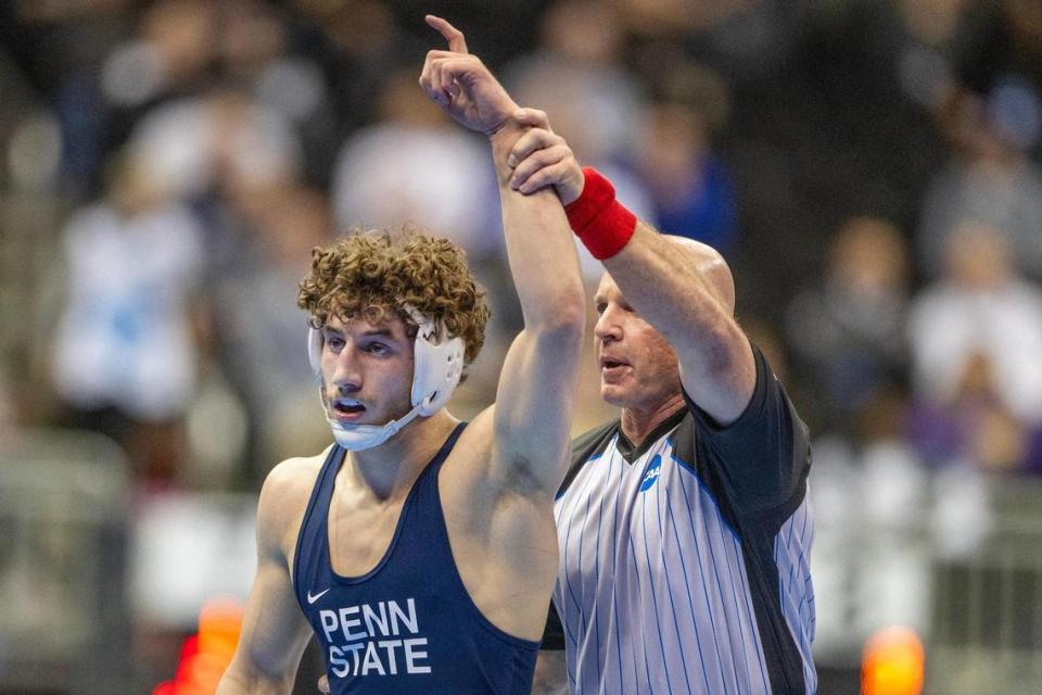 Penn State’s Mitchell Mesenbrink wins a match during the Men’s Division I NCAA Wrestling Championships at T-Mobile Center on Thursday, March 21, 2024, in Kansas City.