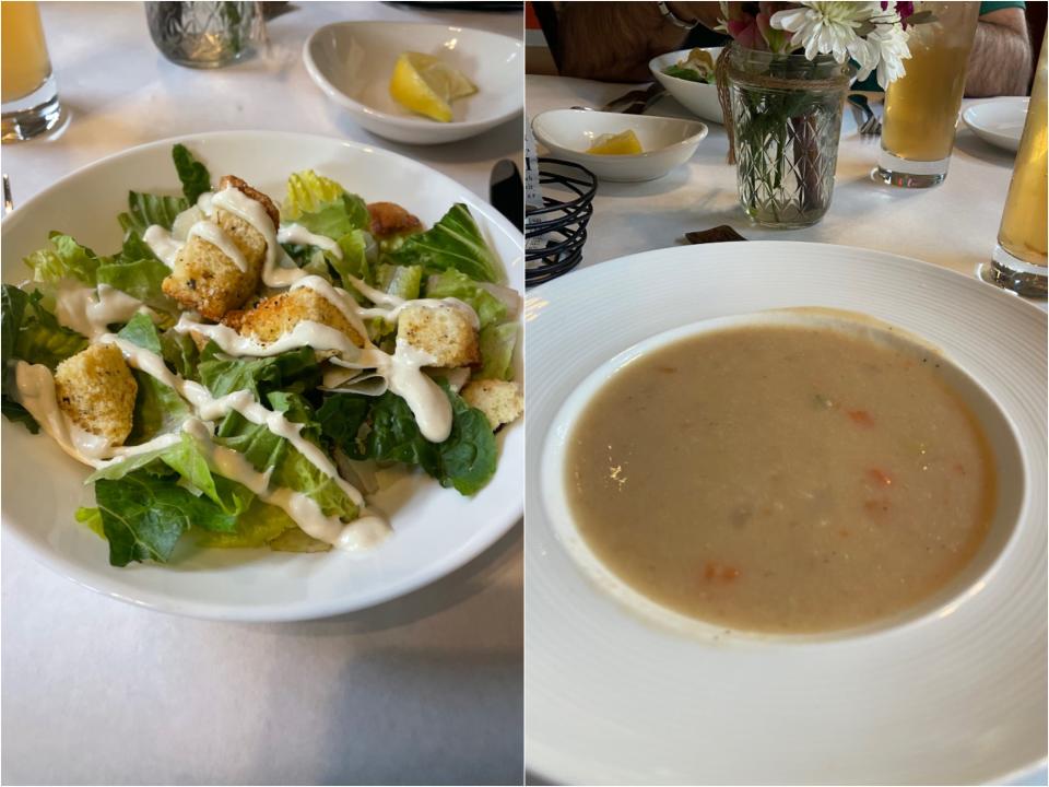Side by side of a Caesar salad with croutons and white dressing and a bowl with a beige liquidy soup.