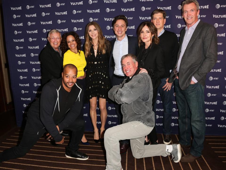 The cast of ‘Scrubs’ – plus creator Bill Lawrence (second from right) – reunite at the 2018 Vulture Festival (Getty)