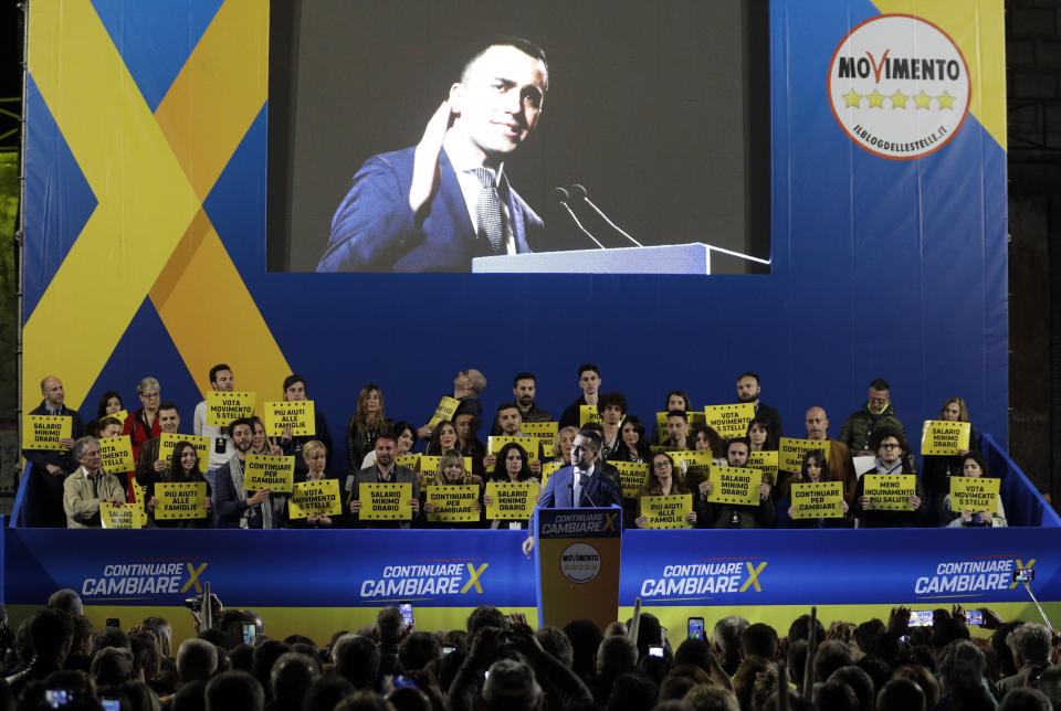 Five-Star Movement leader and Italian Deputy-Premier Luigi Di Maio addresses a rally ahead of Sunday's European Elections, in Rome, Friday, May 24, 2019. Some 400 million Europeans from 28 countries head to the polls from Thursday to Sunday to choose their representatives at the European Parliament for the next five years. (AP Photo/Andrew Medichini)