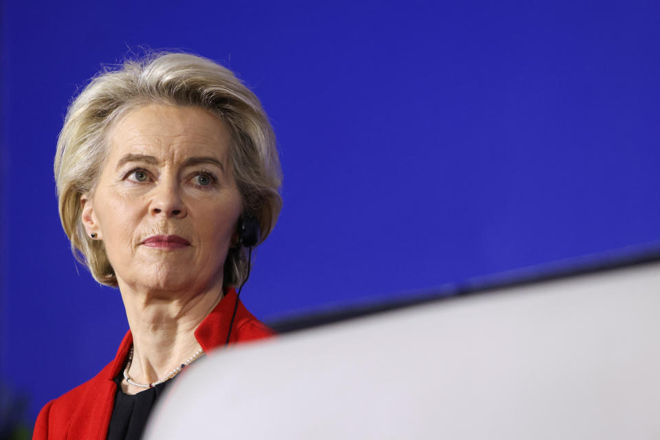 European Commission President Ursula von der Leyen, looks on as she addresses journalists during a visit to Sarajevo, Bosnia and Herzegovina, January 23, 2024. REUTERS/Amel Emric