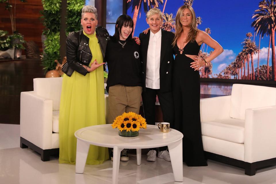 talk show host Ellen DeGeneres is seen with Pink, Billie Eilish, and Jennifer Aniston during a taping of "The Ellen DeGeneres Show" at the Warner Bros. lot in Burbank, Calif.