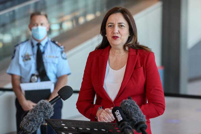 Queensland Premier Annastacia Palaszczuk during a press conference at a pop-up vaccination hub at Brisbane International Cruise Terminal in Brisbane.