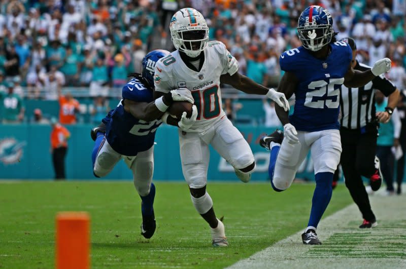 Miami Dolphins star Tyreek Hill (10) is my top fantasy football wide receiver for Week 7. File Photo by Larry Marano/UPI