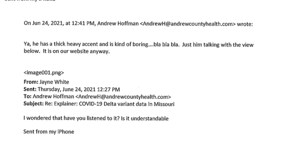 Andrew County Health Administrator Andrew Hoffman disparaged a video released by the state health department featuring the state epidemiologist.