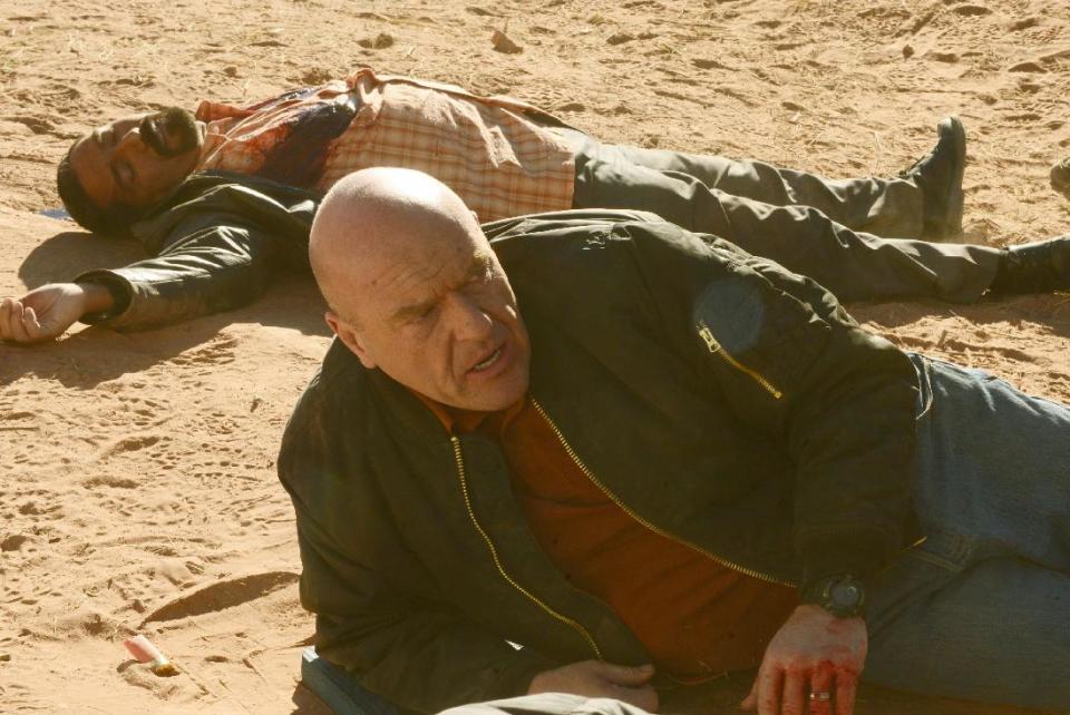This image released by AMC shows Hank Schrader, played by Dean Norris, foreground, and Steven Gomez, played by Steven Michael Quezada, in episode from season five of "Breaking Bad." The series finale of the popular drama series aired on Sunday, Sept. 29. (AP Photo/AMC, Ursula Coyote)