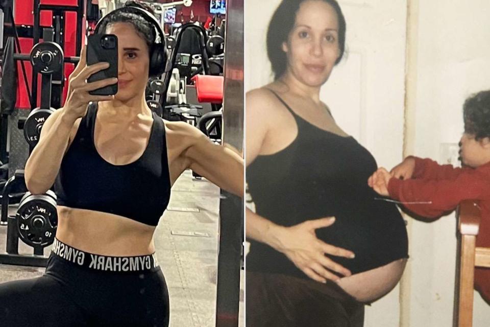 <p>Nadya Suleman/Instagram</p> Nadya Suleman working out in July 2023; Nadya Suleman three weeks pregnant with her octuplets.