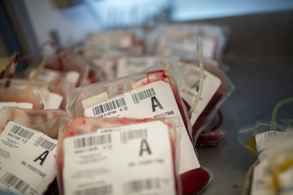 Donated blood rests inside a refrigerator at the Blood Assurance donation center in Columbia, Tenn., on Tuesday,  Aug. 17, 2021. 