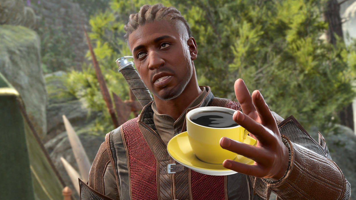  Baldur's Gate 3 character Wyll holding a cup of black coffee. 