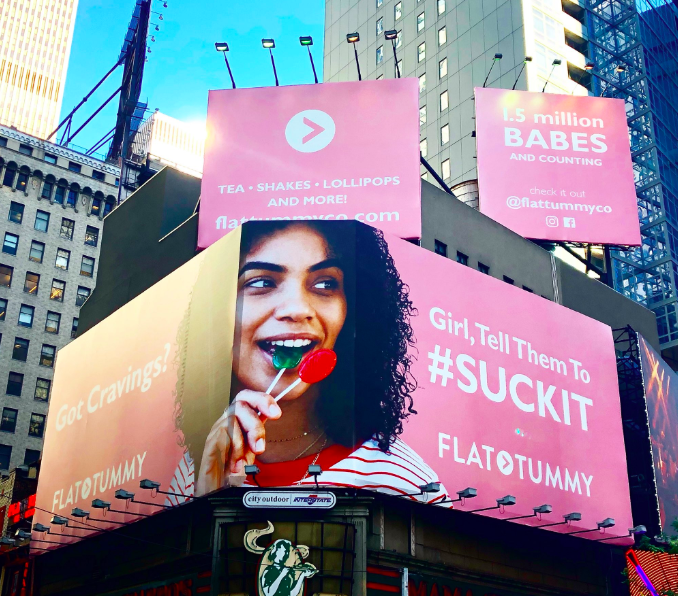 This billboard in the middle of New York City promoting appetite suppressant lollipops has sparked outrage on social media. Source: Twitter/jameelajamil