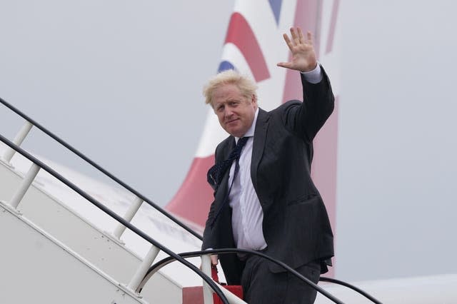 Prime Minister Boris Johnson boards RAF Voyager at Stansted Airport ahead of a meeting with US President Joe Biden in Washington