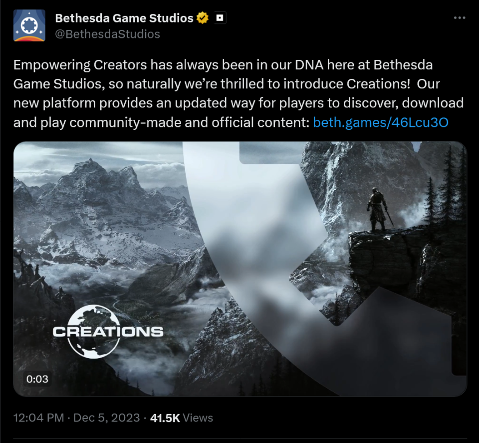 Empowering Creators has always been in our DNA here at Bethesda Game Studios, so naturally we’re thrilled to introduce Creations!  Our new platform provides an updated way for players to discover, download and play community-made and official content: https://beth.games/46Lcu3O