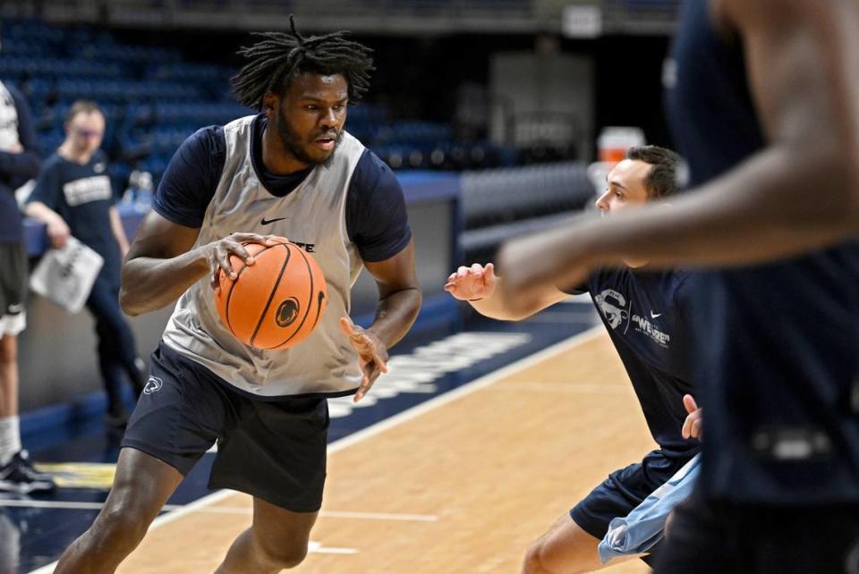 Qudus Wahab dribbles through a drill during Penn State men’s basketball practice on Monday, Oct. 23, 2023.
