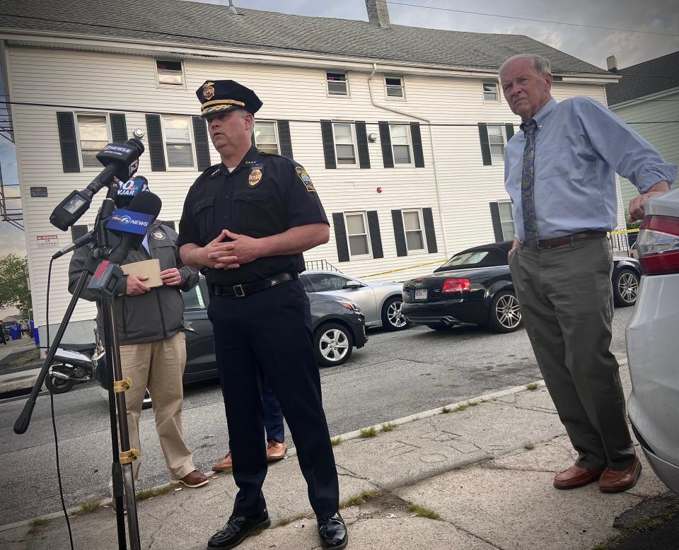 Fall River Police Chief Jeffrey Cardoza and Mayor Paul Coogan held a press conference early Tuesday night after three people were shot, two of them fatally, near Griffin Park.
