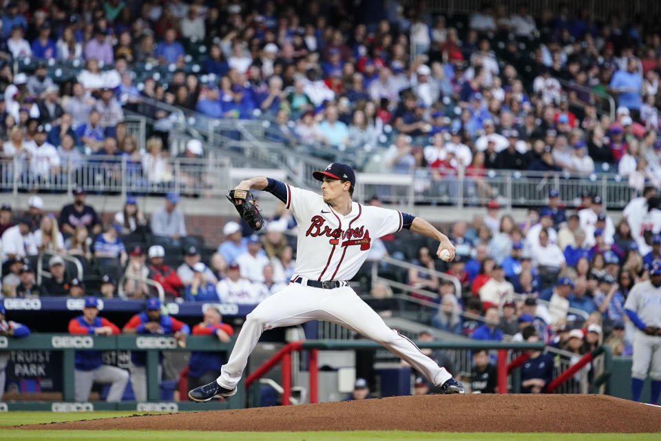 Atlanta Braves starting pitcher Max Fried (54) delivers in the first inning of a baseball game against the Chicago Cubs, Tuesday, April 26, 2022, in Atlanta. (AP Photo/Brynn Anderson)