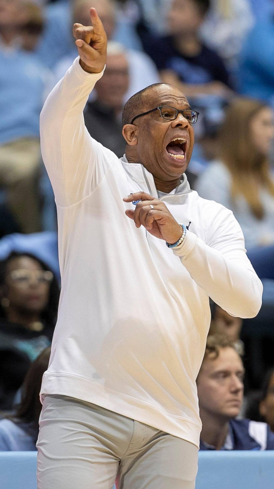 North Carolina coach Hubert Davis directs his team in the second half against James Madison on Sunday, November 20, 2022 at the Smith Center in Chapel Hill, N.C.