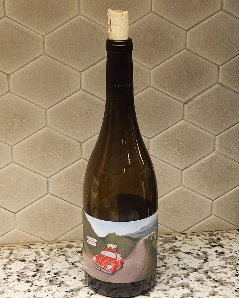 Bottle of McBride sisters wine on countertop.