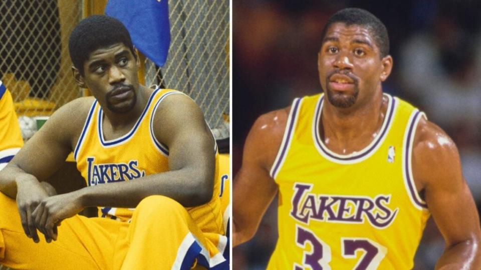 Quincy Isaiah Earvin "Magic" Johnson in "Winning Time" Season 2, Earvin "Magic" Johnson (Photo credit: HBO, Getty Images)