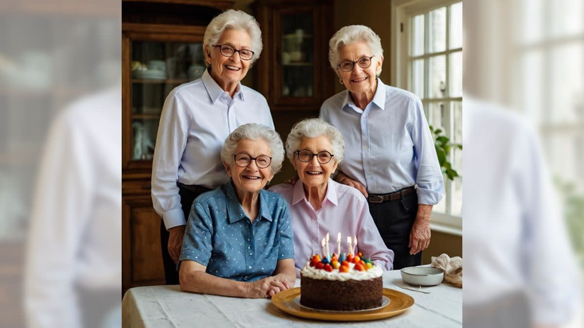 A Facebook post claimed to display a photo of four elderly women who are quadruplets celebrating their 90th birthday with a cake. 