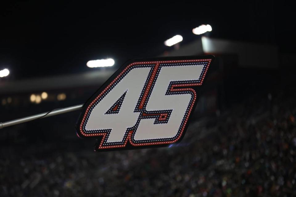 Tyler Reddick’s No. 45 sign lights up in his pit stall during last year’s Bass Pro Shops Night Race at Bristol Motor Speedway.