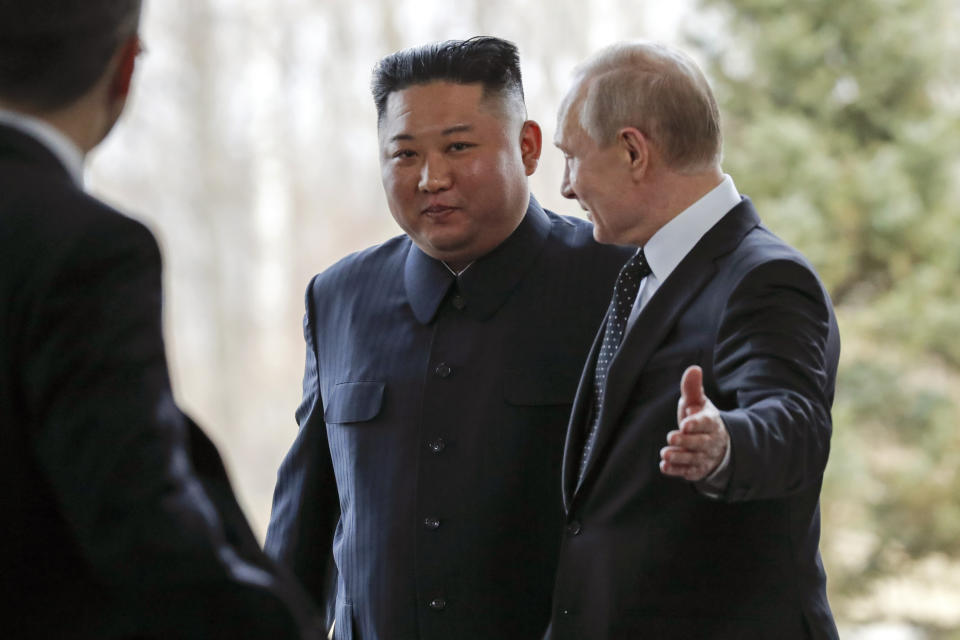 Russian President Vladimir Putin, right, welcomes North Korea's leader Kim Jong Un during their meeting in Vladivostok, Russia, Thursday, April 25, 2019. Putin and Kim are set to have one-on-one meeting at the Far Eastern State University on the Russky Island across a bridge from Vladivostok. The meeting will be followed by broader talks involving officials from both sides. (AP Photo/Alexander Zemlianichenko, Pool)
