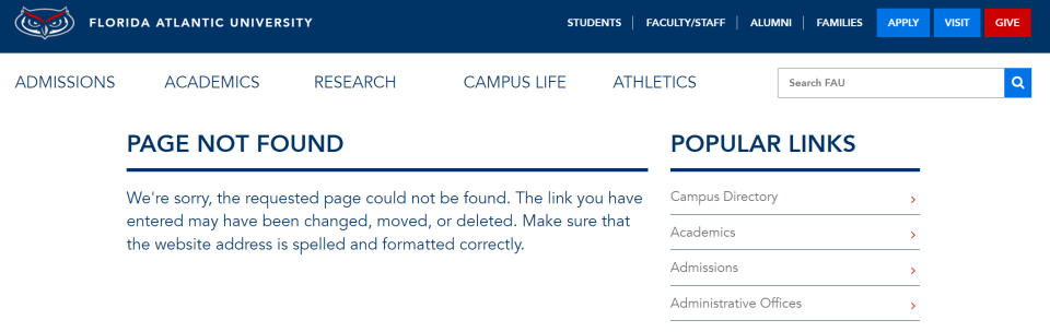 A webpage for Florida Atlantic University's LGBTQ resource now yields an error message. USA TODAY took this screenshot on Oct. 18, 2023.