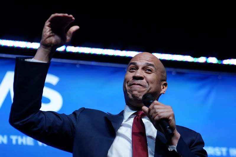 Cory Booker appears on stage at a First in the West Event at the Bellagio Hotel in Las Vegas