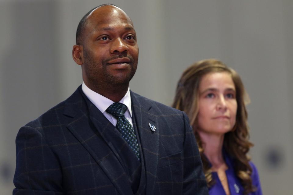 New St. Peter's University Basketball Head Coach, Bashir Mason, stands near Athletic Director Rachelle Paul, during a press conference at Yanitelli Center (also known as Run Baby Run Arena). Wednesday, April 13, 2022