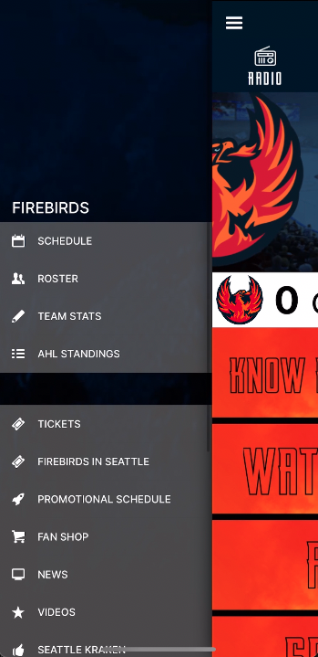 A view of the Firebirds' smartphone app.