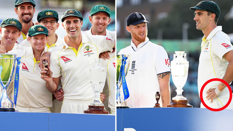 Pat Cummins looks on after the Ashes cricket series.