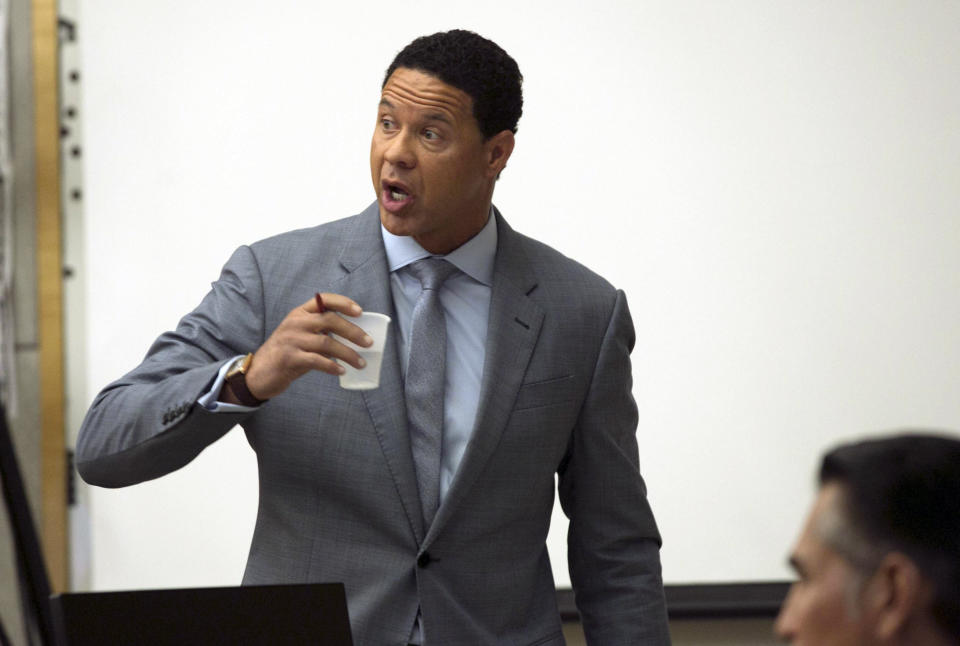 Brian Watkins, an attorney for former NFL football player Kellen Winslow Jr., gives his opening statement to the jury during Winslow's rape trial, Monday, May 20, 2019, in Vista, Calif. (John Gibbins/The San Diego Union-Tribune via AP, Pool)