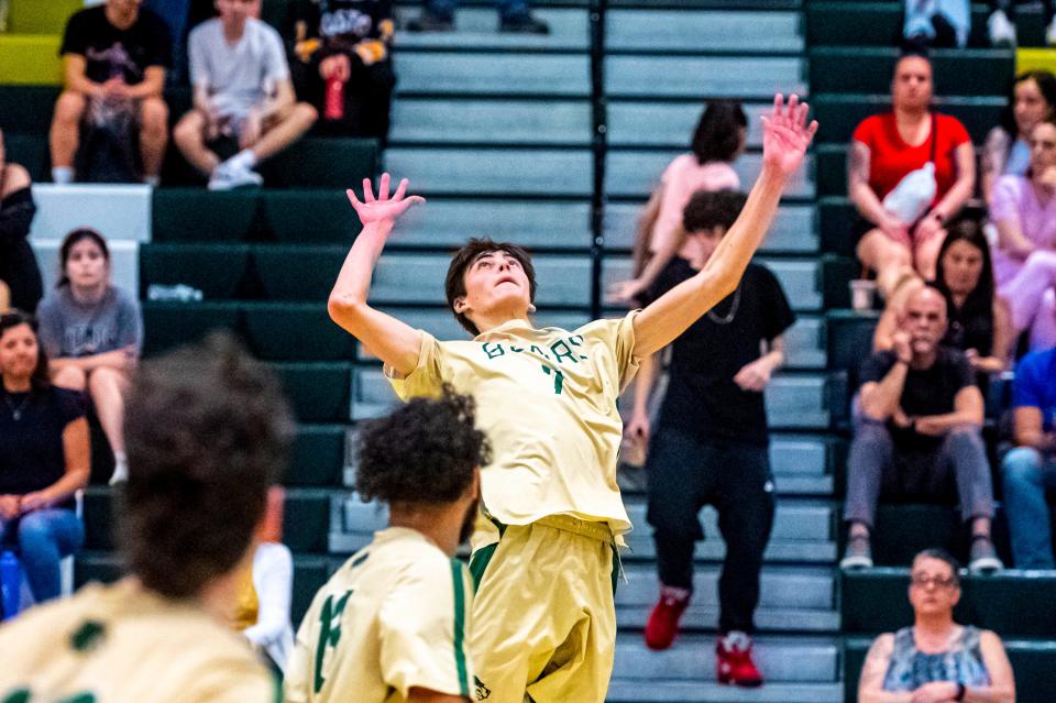 GNB Voc-Tech&#39;s Colin Stuessi focuses on the ball earlier this season. On Saturday, he had 10 kills and 10 digs in a win over New Bedford.