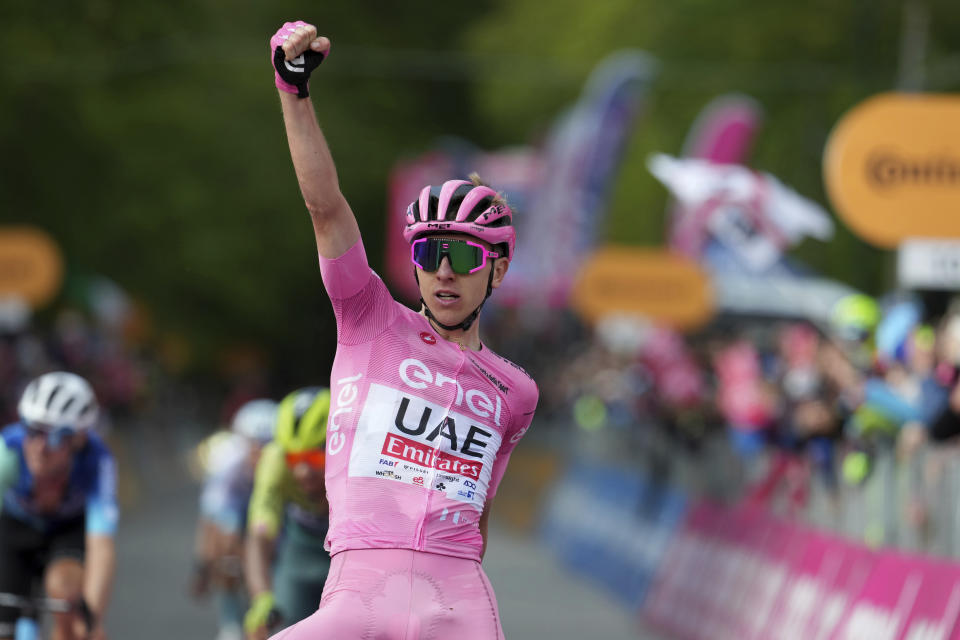 Slovenia's Pogacar Tadej celebrates winning the 8th stage of the Giro d'Italia cycling race, from Spoleto to Prati di Tivo, Italy, Saturday, May 11 2024 Italy. (Gian Mattia D'Alberto/LaPresse via AP)