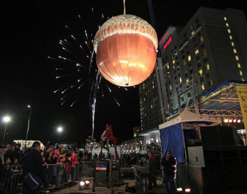 The giant acorn was lowered at 7 p.m. for the early countdown for children at First Night Raleigh Monday, Dec. 31, 2012.