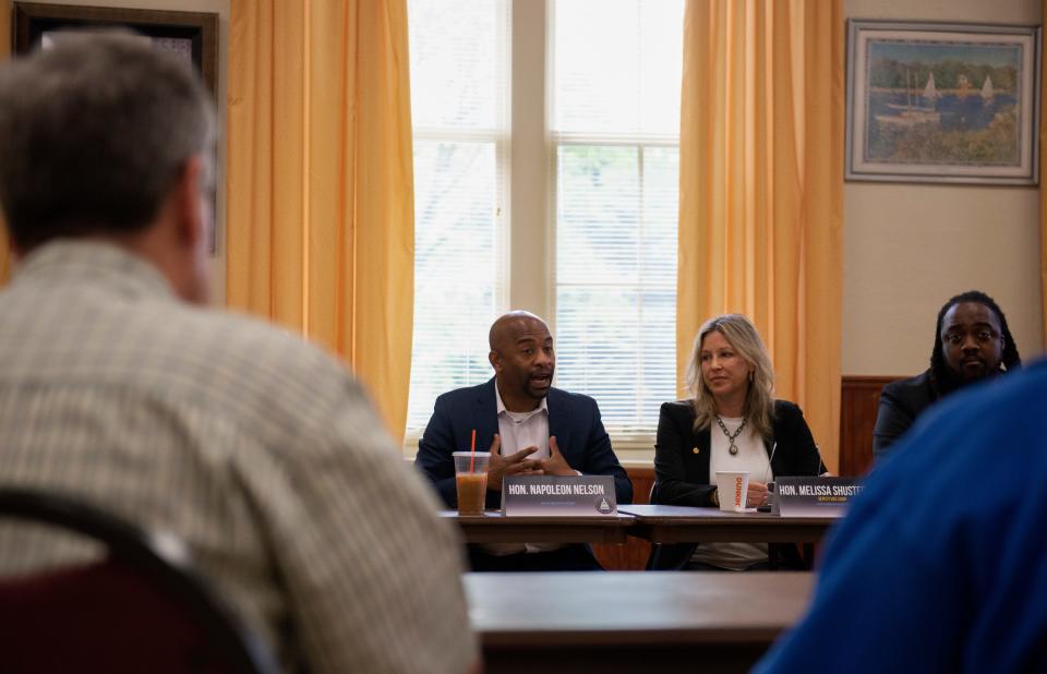 Rep. Napoleon Nelson (D-Montgomery County) kicks off a panel discussion with La Mott residents and several state representatives, discussing local history and the hope to restore La Mott Community Center in Cheltenham Township, Pennsylvania, on May 9, 2023. The center and community staple for many has been closed for nearly three years, and the township hopes to secure a federal grant to save it.