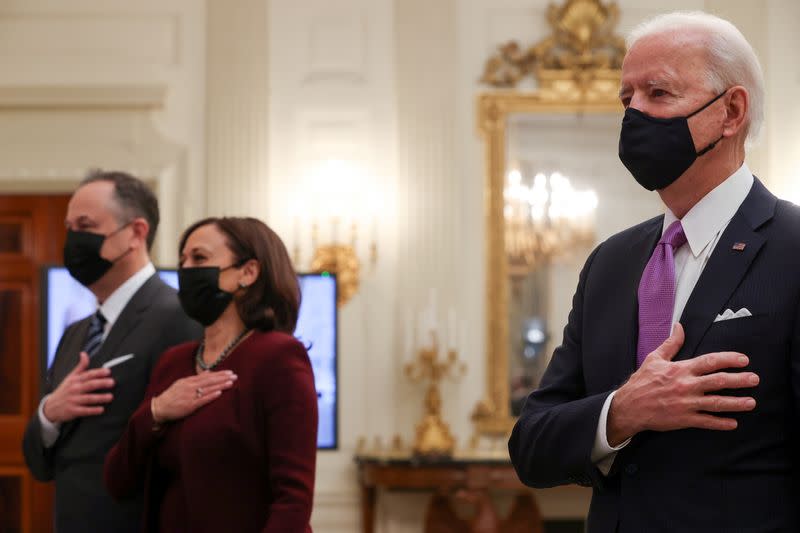 U.S. President Biden participates remotely in a virtual Presidential Inaugural Prayer Service from the White House in Washington