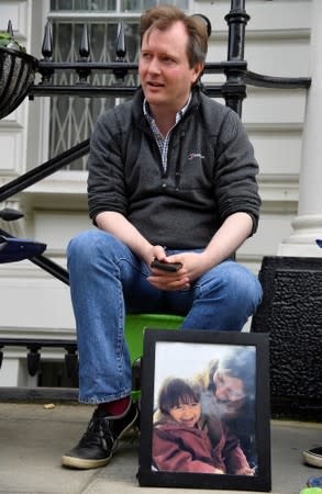 Ratcliffe, the husband of jailed British-Iranian aid worker Nazanin Zaghari-Ratcliffe speaks with supporters as he stages a vigil and goes on hunger strike outside of the Iranian embassy in London