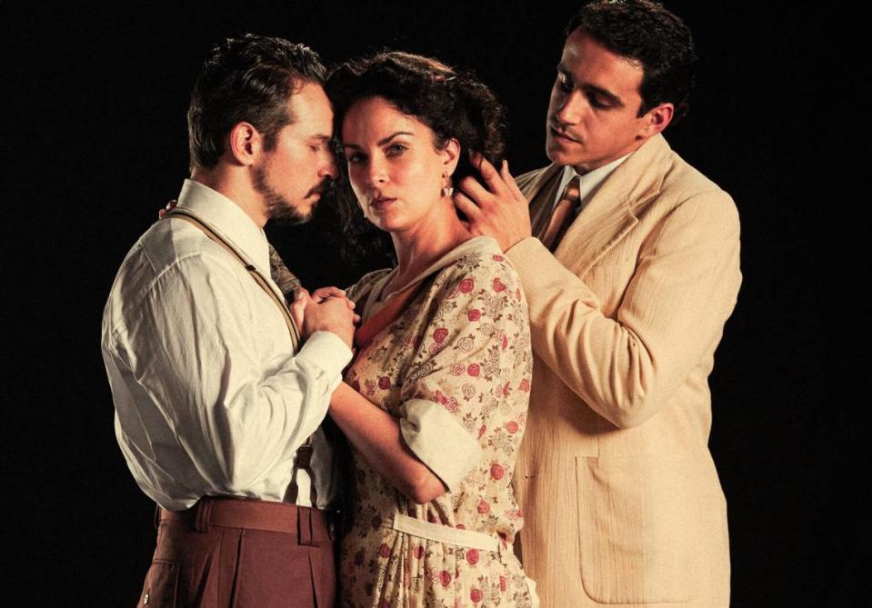 Brandon Espinoza, Hannia Guillen and Gabriell Salgado in Miami New Drama’s production of ‘Anna in the Tropics’ at the Colony Theatre. Miami-Dade Public Schools refused to allow high school students to watch the play before reversing its decision.