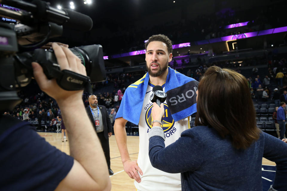 MINNEAPOLIS, MN - MARCH 19: Klay Thompson #11 of the Golden State Warriors talks with media after the game against the Minnesota Timberwolves on March 19, 2019 at Target Center in Minneapolis, Minnesota. NOTE TO USER: User expressly acknowledges and agrees that, by downloading and or using this Photograph, user is consenting to the terms and conditions of the Getty Images License Agreement. Mandatory Copyright Notice: Copyright 2019 NBAE (Photo by David Sherman/NBAE via Getty Images)