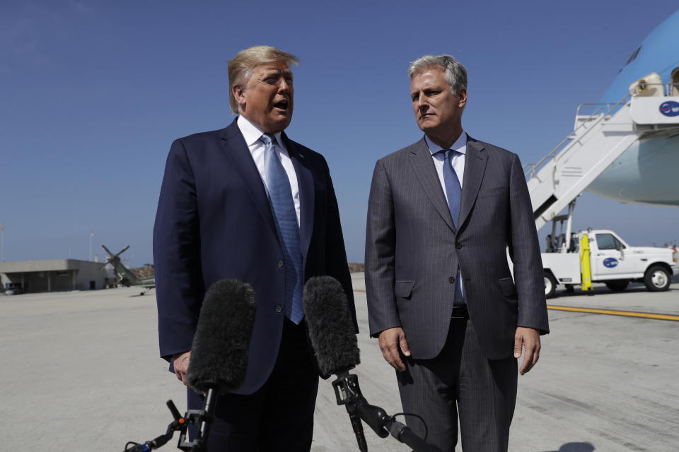 President Donald Trump and national security adviser Robert O'Brien speak to the media at Los Angeles International Airport, Wednesday, Sept. 18, 2019, in Los Angeles. A president with few ideological constants, Donald Trump has consistently been leery of getting entangled in overseas military engagements. It’s a stance shaped by his belief that wars in places like Vietnam, Afghanistan and Iraq have drained America’s resources at home and its reputation abroad. (AP Photo/Evan Vucci)