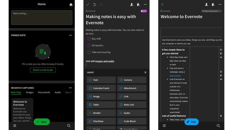 Screenshots of the Evernote app
