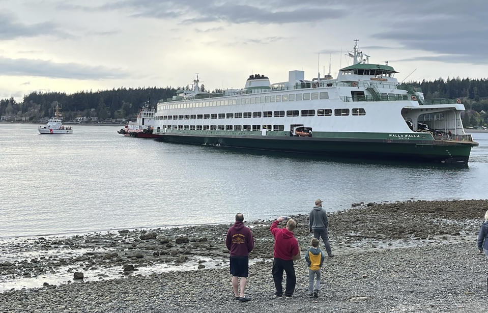 In this photo posted to the Washington state Department of Ecology website and taken by the U.S. Coast Guard, people take pictures and look at the Walla Walla passenger ferry, which ran aground near Bainbridge Island west of Seattle, Saturday, April 15, 2023. (Lt. Cmdr. Brian Dykens/U.S. Coast Guard via AP)