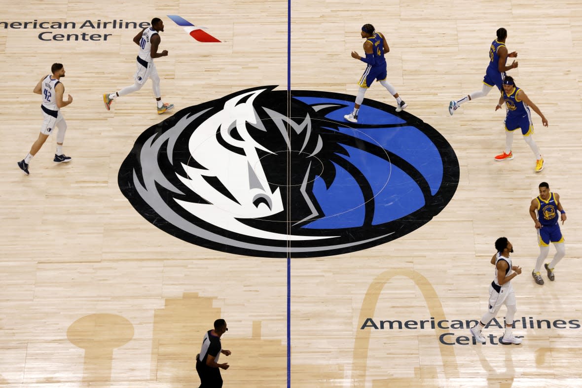 A general view of the Dallas Mavericks logo on the court during the fourth quarter in Game Four of the 2022 NBA Playoffs Western Conference Finals between the Golden State Warriors and the Dallas Mavericks at American Airlines Center on May 24, 2022 in Dallas, Texas. (Photo by Ron Jenkins/Getty Images)