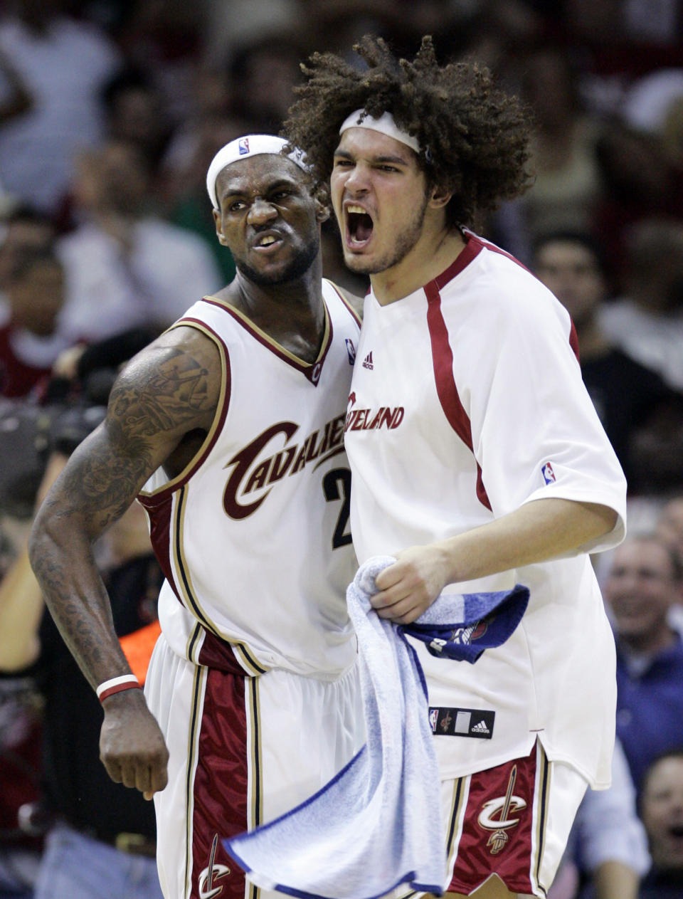 FILE - Cleveland Cavaliers' Anderson Varejao, right, from Brazil, and LeBron James celebrate late in the Cavaliers' 91-87 win over the Detroit Pistons in Game 4 of the NBA Eastern Conference basketball finals Tuesday, May 29, 2007, in Cleveland. Varejão has bounced back to the Cavaliers. One of the most popular players in Cleveland’s history, Varejão has been hired as a player development consultant and global ambassador for the team that he played with for 14 NBA seasons. (AP Photo/Tony Dejak, File)