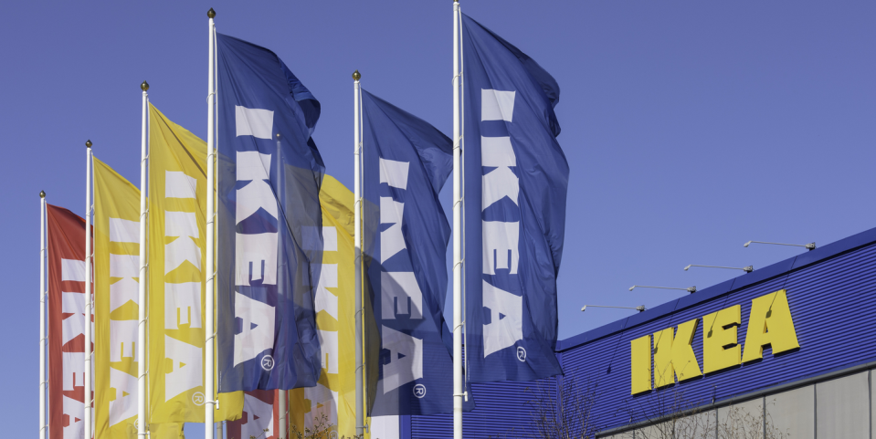 flags outside the ikea store in barkarby outside stockholm, sweden