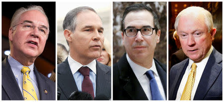 A combination photo shows some of President-elect Donald Trump's choices for top administration jobs (L-R) Chairman of the House Budget Committee Tom Price (R-GA) as head of the Department of Health and Human Services, Attorney General of Oklahoma Scott Pruitt as Environmental Protection Agency administrator, former New York investment banker and hedge fund investor Steven Mnuchin as Treasury Secretary and U.S. Senator Jeff Sessions (R-AL) as U.S. Attorney General. REUTERS/Staff/File Photos
