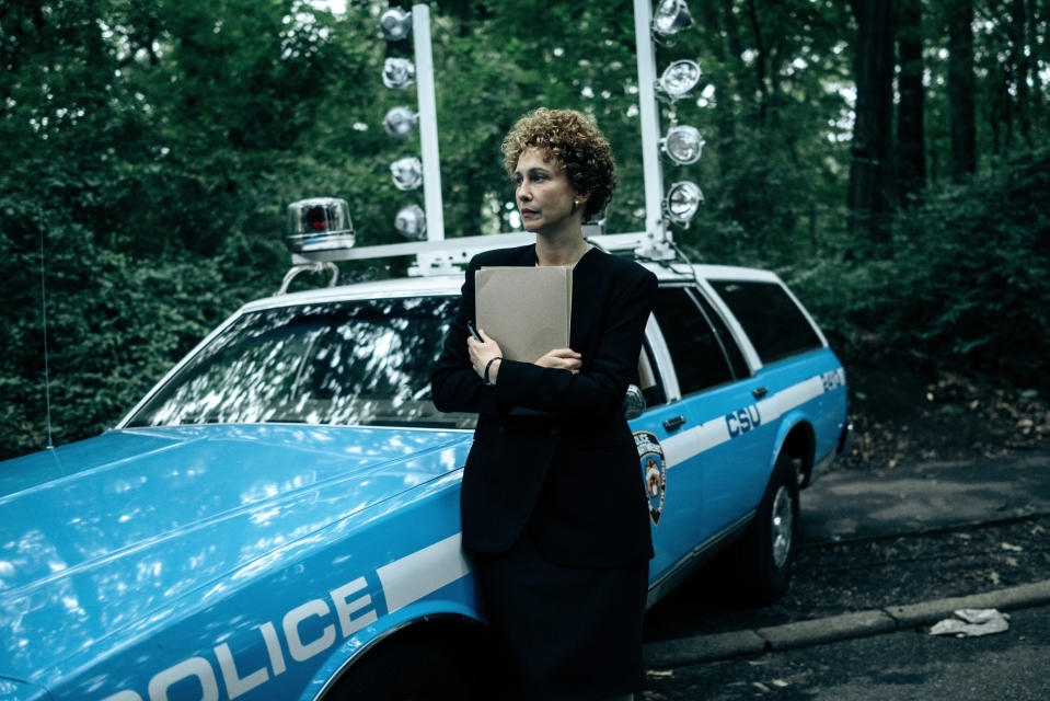 This image released by Netflix shows actress Vera Farmiga in a scene from "When They See Us." The former Manhattan prosecutor Linda Fairstein has sued Netflix and director Ava DuVernay over her portrayal in the streaming service's miniseries about the Central Park Five case that sent five black and Latino teenagers to prison for a crime they were later exonerated of. Fairstein claims in the lawsuit, filed Wednesday, March 18, 2020, in federal court in Fort Myers, Fla., that the four-part series “When They See Us” defamed her by portraying her as a “racist, unethical villain.” (Atsushi Nishijima/Netflix via AP)