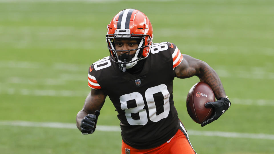 FILE - In this Nov. 1, 2020, file photo, Cleveland Browns wide receiver Jarvis Landry plays against the Las Vegas Raiders during the second half of an NFL football game, in Cleveland. The Browns will try to earn a playoff spot without four wide receivers, including star Landry, their starting middle linebacker and his replacement due to COVID-19 protocols. But despite the six players being out, an NFL spokesman said Cleveland's game at the New York Jets will be played as scheduled on Sunday, Dec. 27. (AP Photo/Ron Schwane, File)