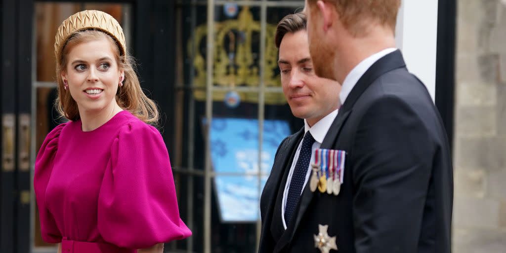 london, england may 06 the duke of sussex arriving with princess beatrice and edoardo mapelli mozzi at the coronation of king charles iii and queen camilla on may 6, 2023 in london, england the coronation of charles iii and his wife, camilla, as king and queen of the united kingdom of great britain and northern ireland, and the other commonwealth realms takes place at westminster abbey today charles acceded to the throne on 8 september 2022, upon the death of his mother, elizabeth ii photo by andrew milligan wpa poolgetty images