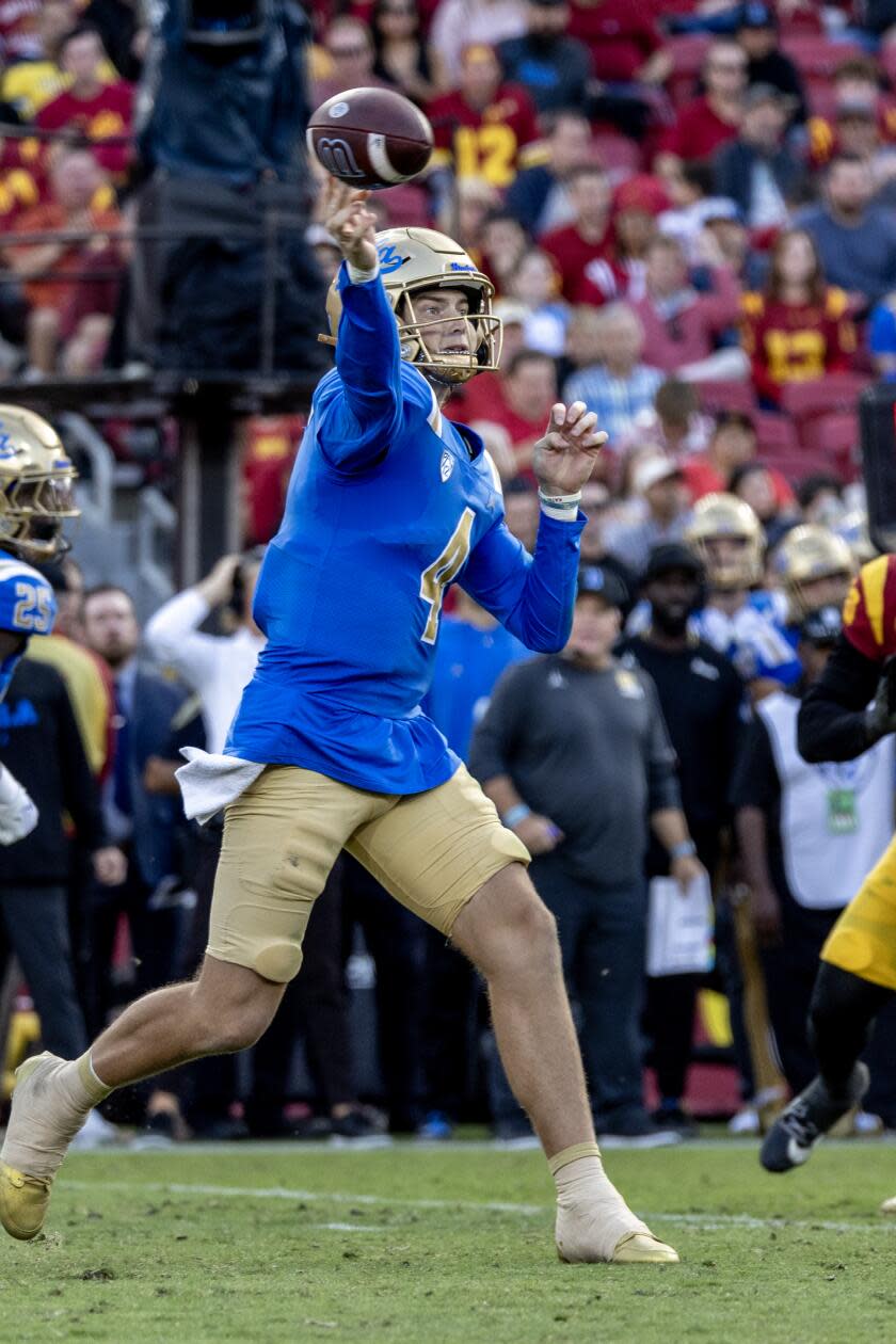 UCLA quarterback Ethan Garbers passes during a 38-20 victory over USC at the Coliseum.